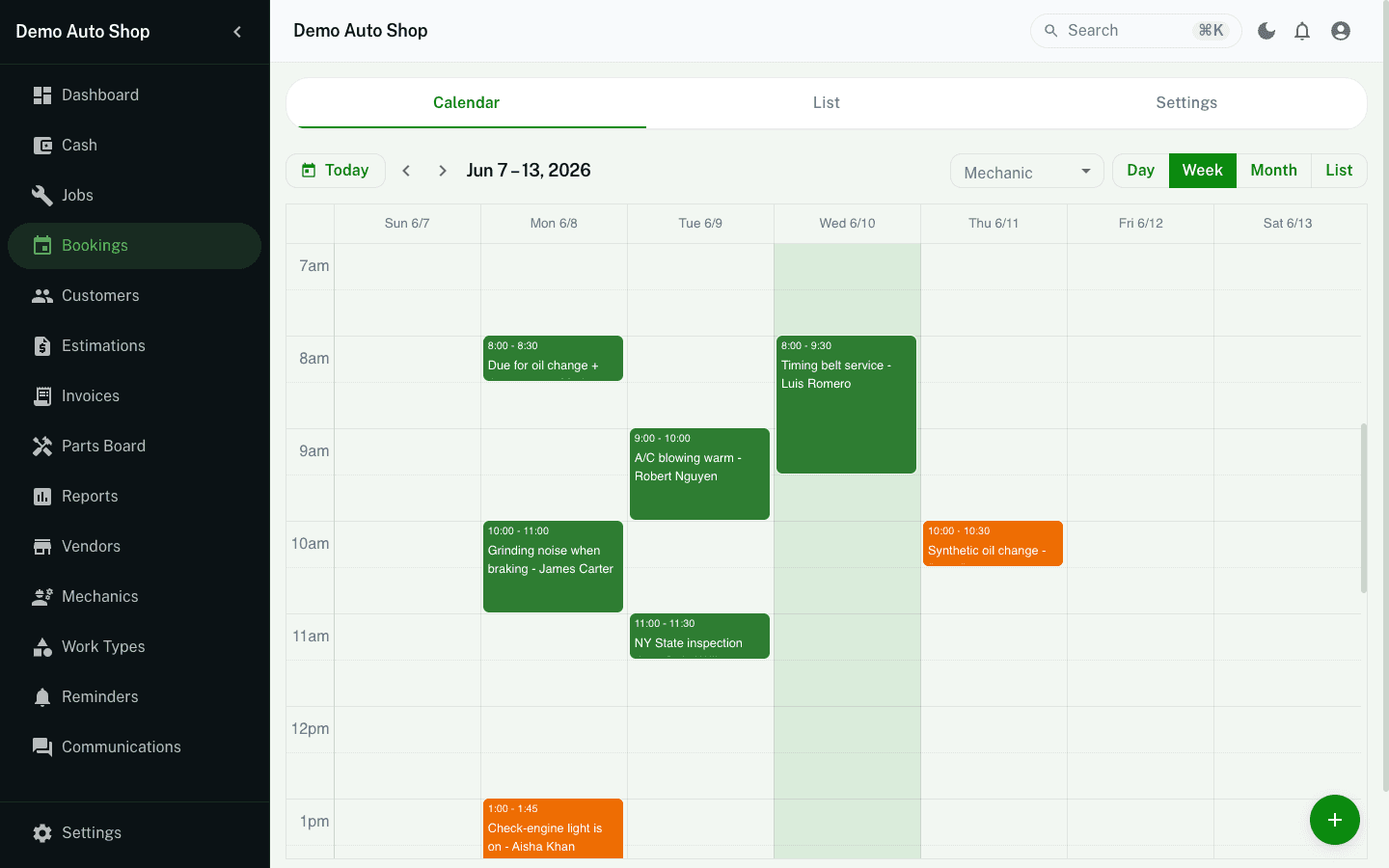 Bookings calendar showing weekly view with appointment slots
