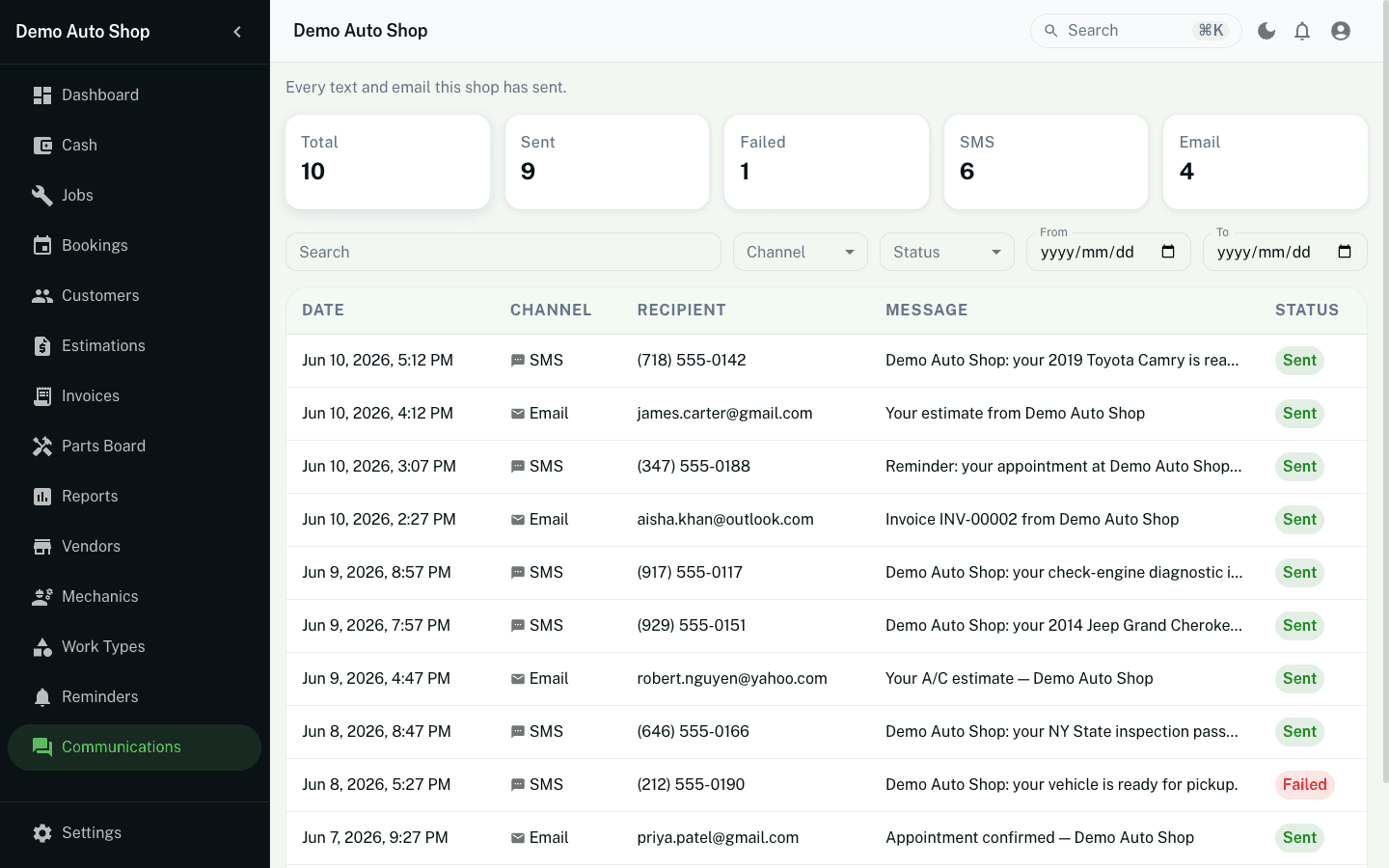 Communications log showing every text and email the shop has sent, with status and filters