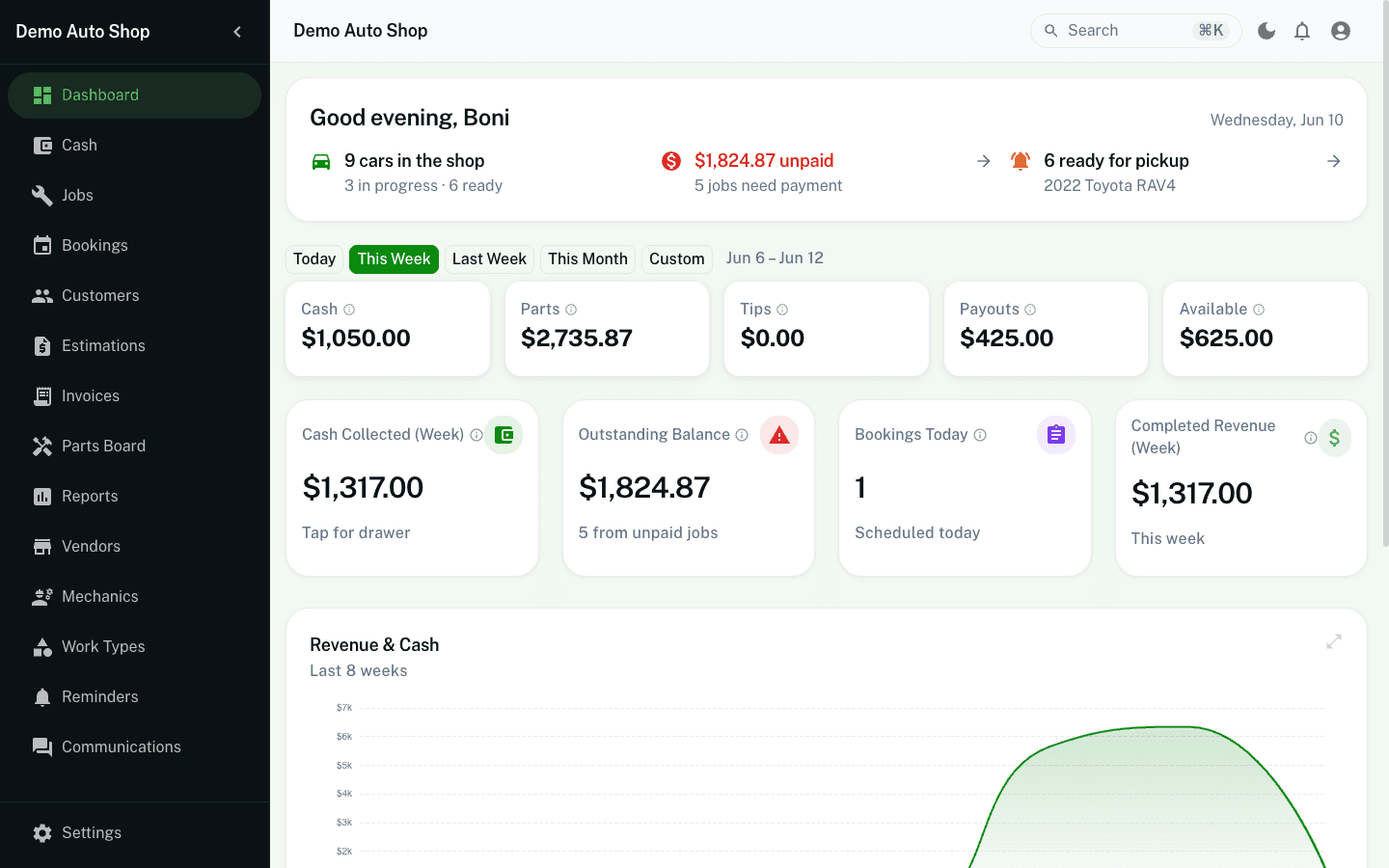 Shop Cloud Pro dashboard showing jobs, revenue stats, and work types