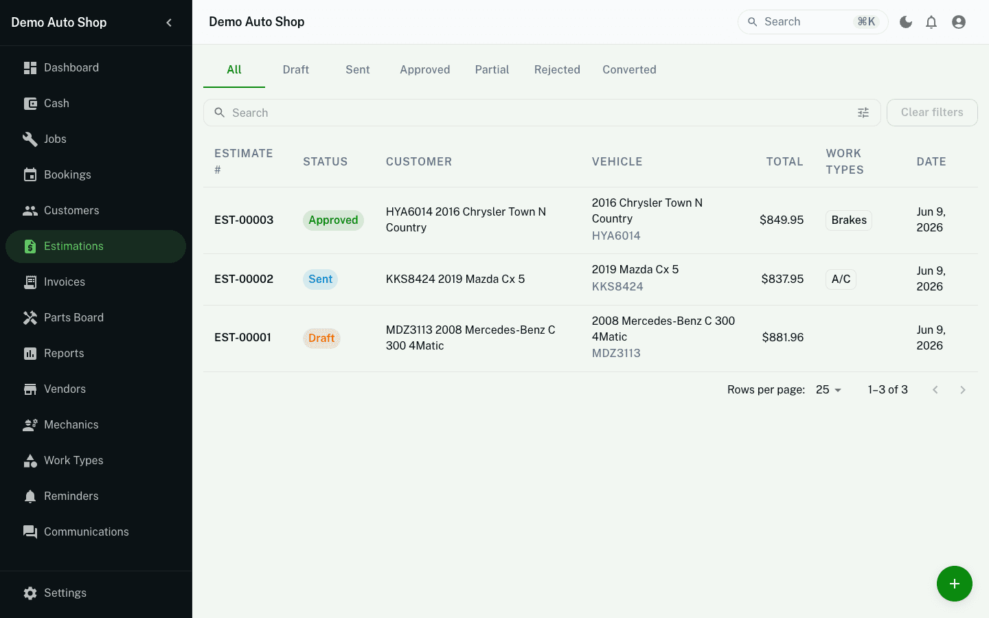 Estimations list showing draft, sent, and approved statuses