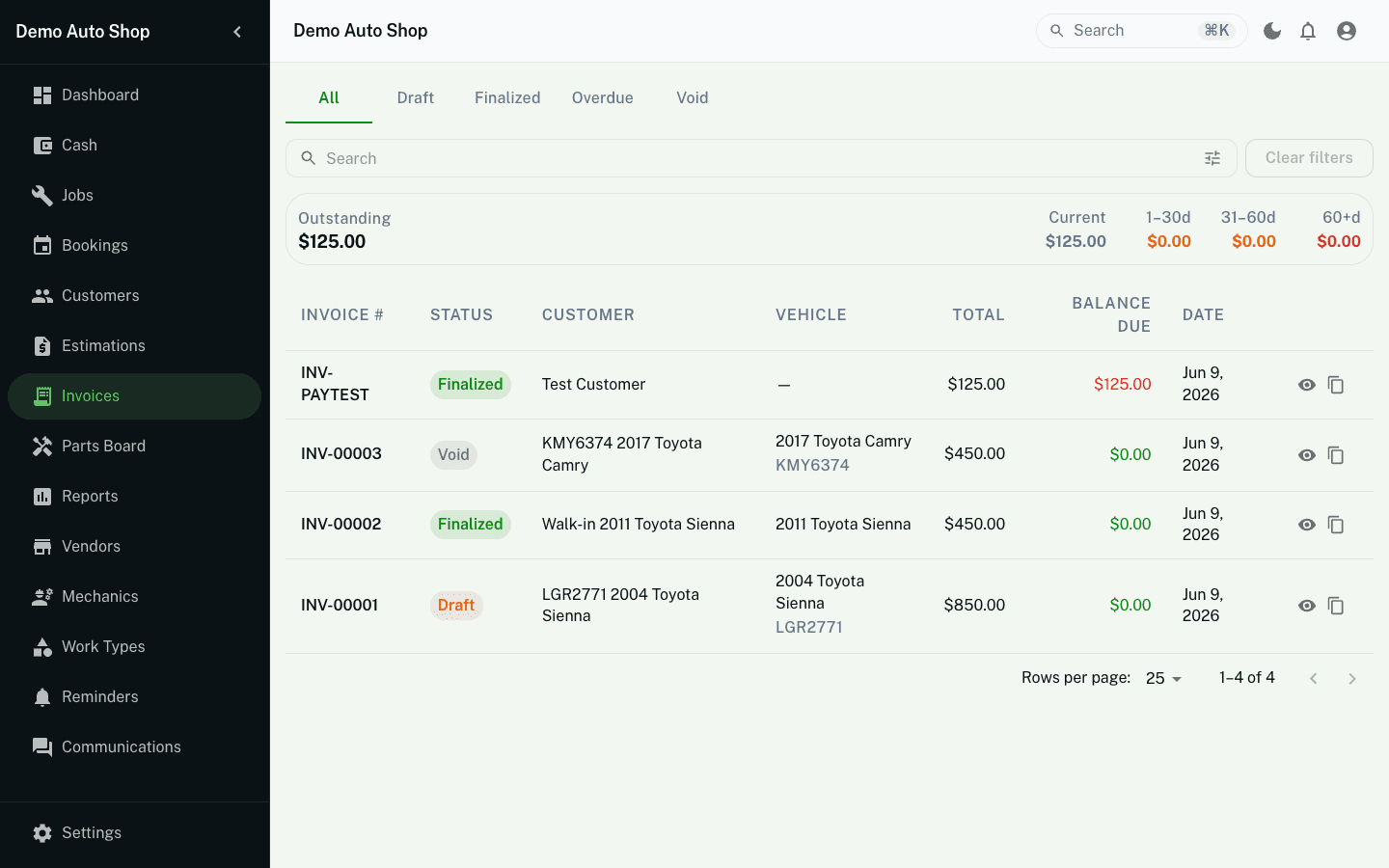 Invoice list with draft, finalized, and void statuses