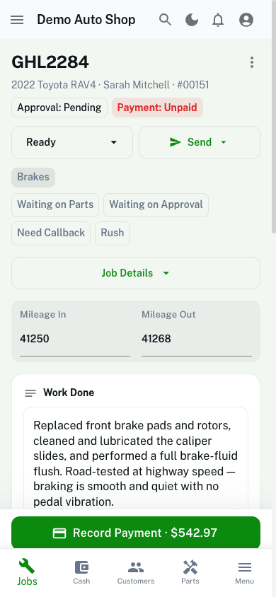 Job detail view on mobile showing line items and parts