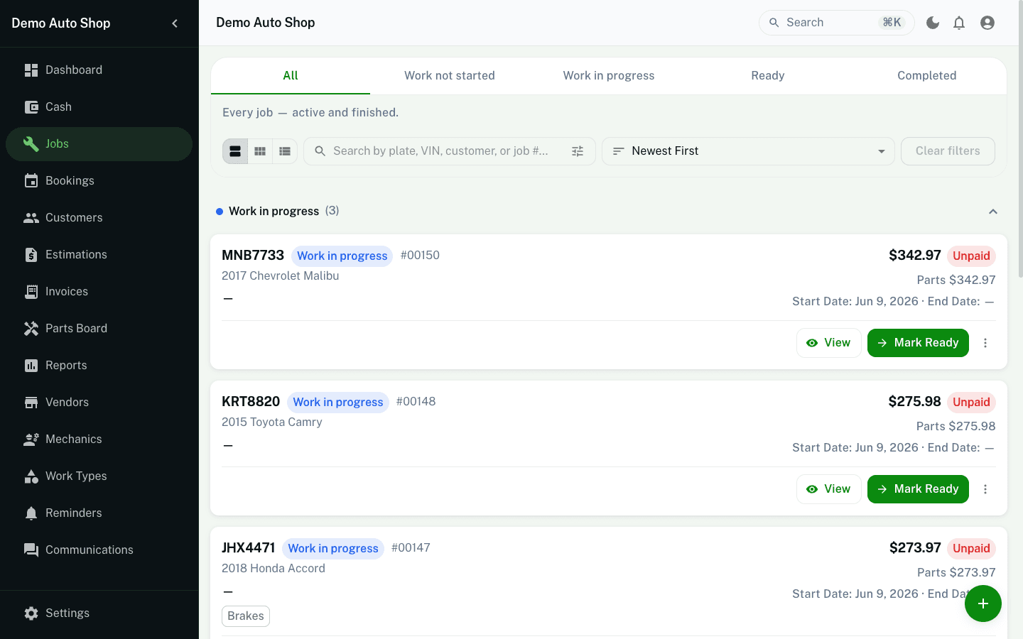 Jobs grouped by status — pending, in progress, ready