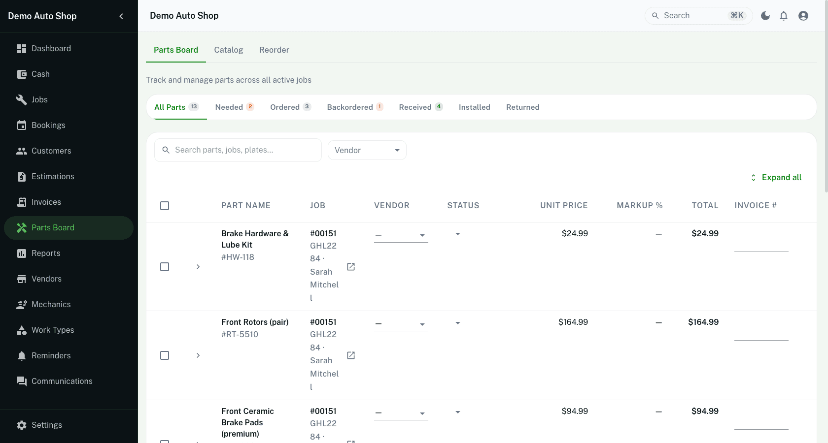 Parts board showing all parts across jobs with status tracking